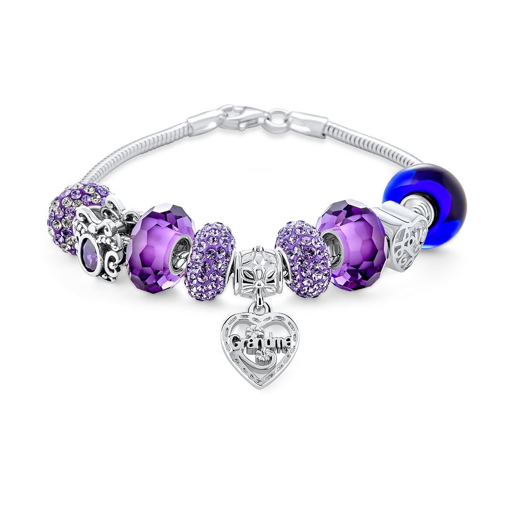 Браслет Bling Jewelry с фиолетовой бусиной в форме сердца для бабушки, стерлинговое серебро, змеевидная цепь, 7"