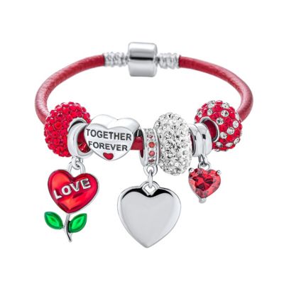 Bling Jewelry LOVE BFF Heart Bead Charm Bracelet Red Leather Sterling Silver Clasp 7.5"
