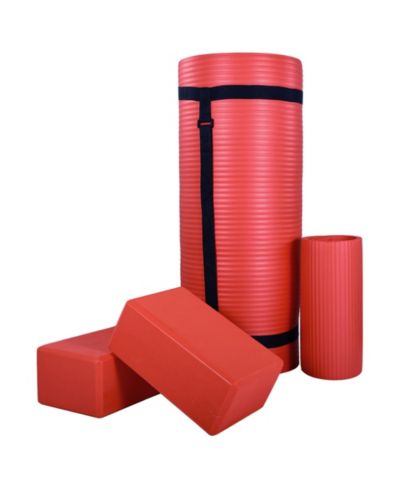 BalanceFrom Fitness 71"x24" Anti Tear Yoga Mat w/Strap, Knee Pad and Blocks, Red