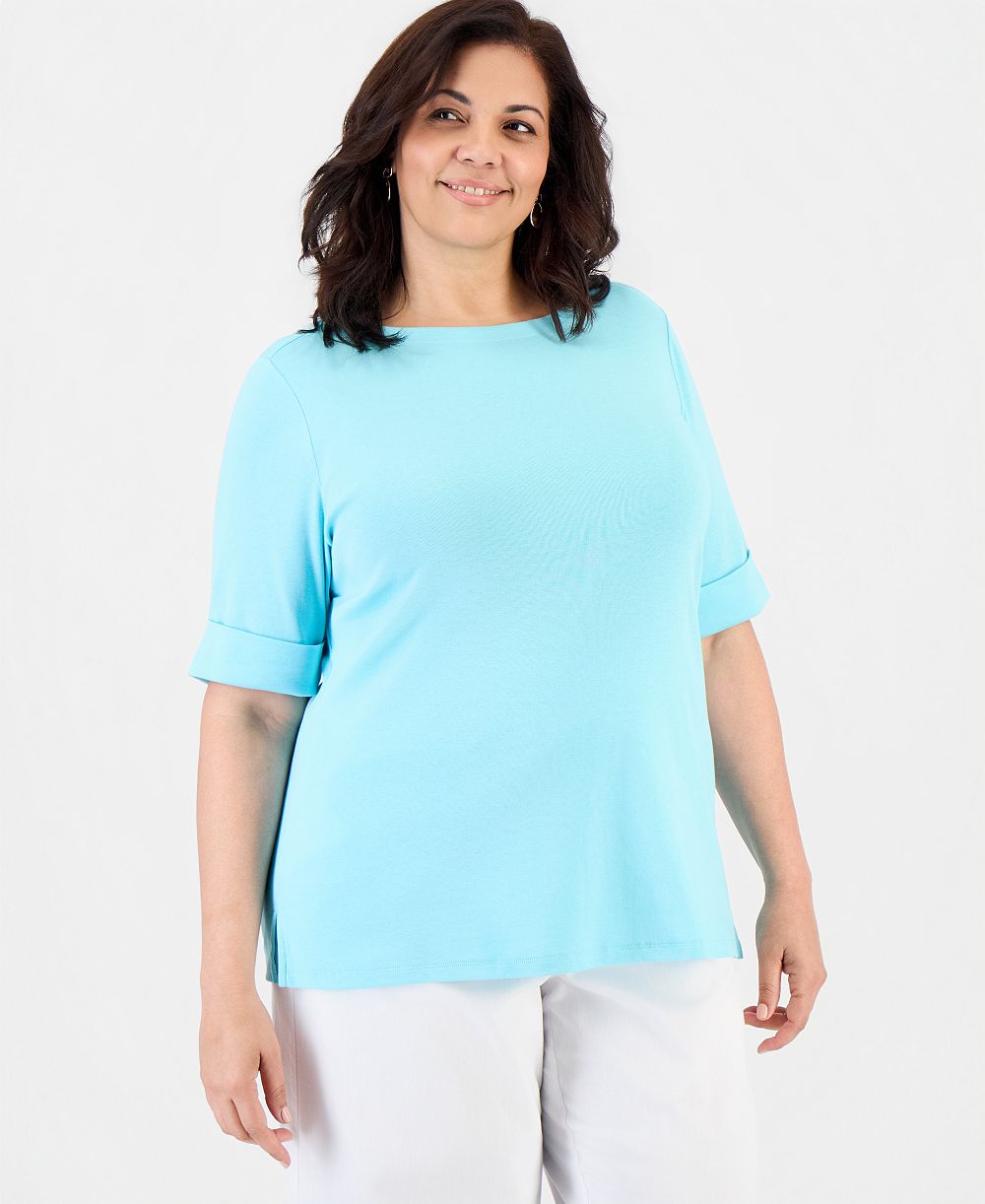 Style & Co Plus Size Boat-Neck Elbow-Sleeve Top, Macy's Exclusive