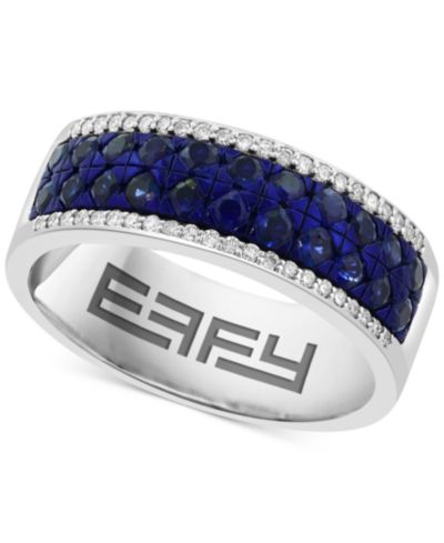 EFFY® Men's Sapphire (1-1/4 ct. t.w.) & Diamond (1/8 ct. t.w.) Cluster Ring in Sterling Silver