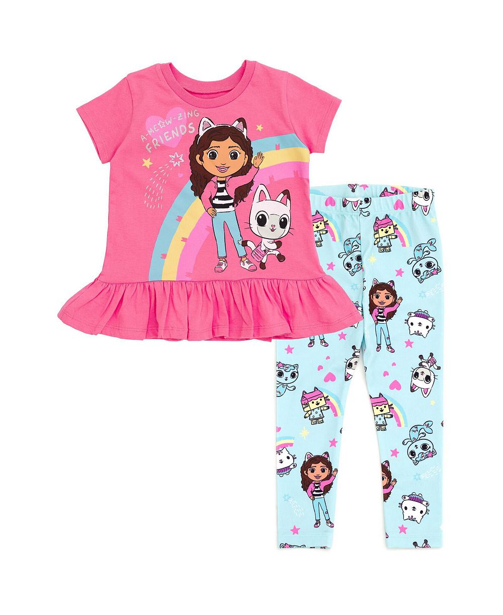 Gabby's Dollhouse Toddler Girls Dreamworks Pandy Paws Box Cakey Cat Peplum T-Shirt and Leggings Outfit Set