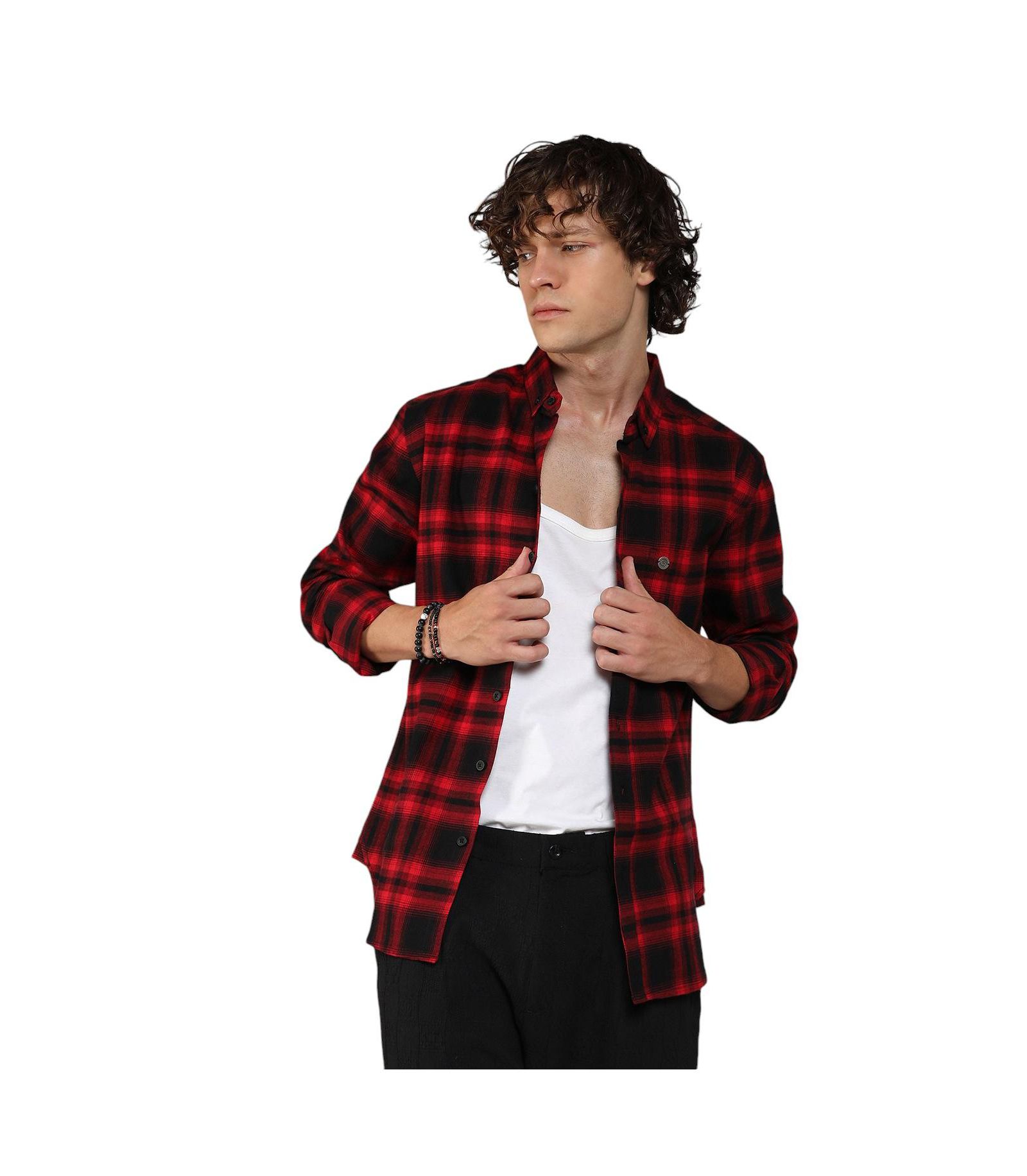Cahoot Men's Campus Sutra Midnight Black & Scarlet Red Brushed Buffalo Check Shirt