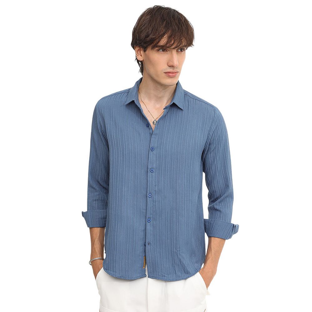 Cahoot Men's Campus Sutra Lapis Blue Self-Design Striped Shirt