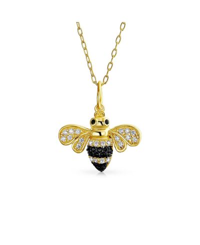 Bling Jewelry Элегантное ожерелье-подвеска Queen Bee - черная и золотая кубическая циркония, позолота 14K, стерлинговое серебро.925