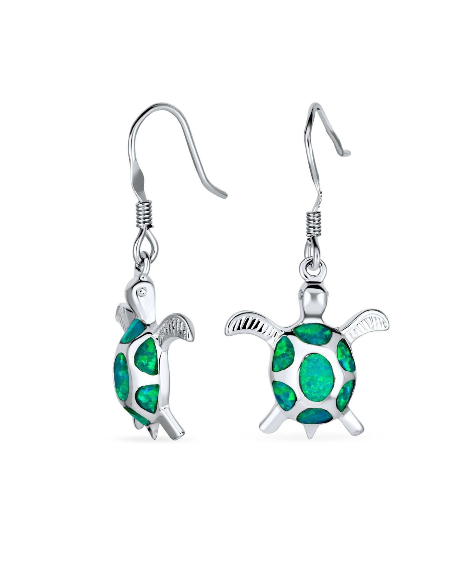 Bling Jewelry Blue Oval Created Opal Turtle Dangle Drop Earrings .925 Sterling Silver