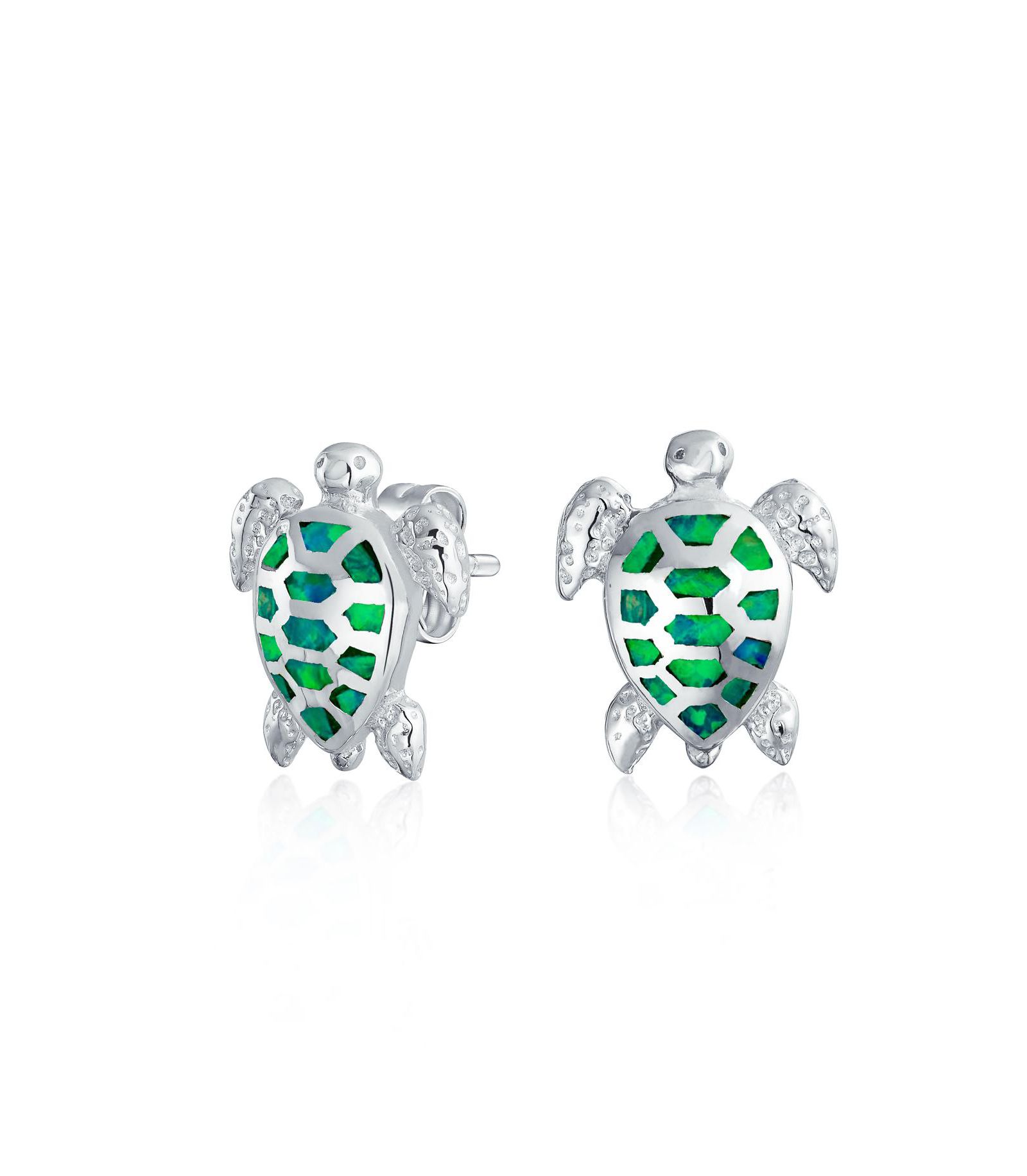 Серьги-гвоздики Bling Jewelry в виде черепахи с опалом зеленого цвета, серебро 925 пробы