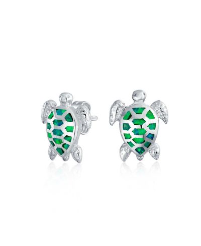 Bling Jewelry Nautical Green Inlay Created Opal Turtle Stud Earrings Sterling Silver