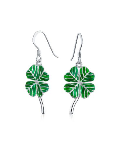 Bling Jewelry Good Luck Shamrock Four Leaf Green Clover Dangle Earrings Sterling Silver