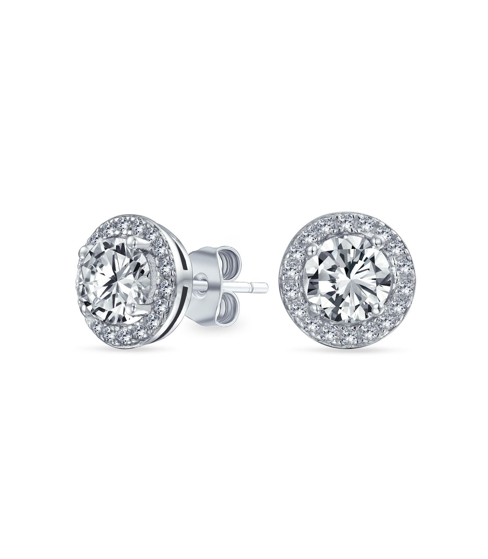 Bling Jewelry Traditional  Purple CZ Halo Solitaire Stud Earrings .925 Sterling Silver