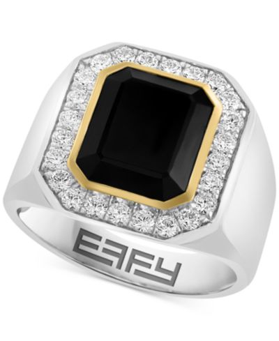 EFFY® Мужское кольцо с черным ониксом и белым цирконом в 14k Gold поверх Sterling Silver