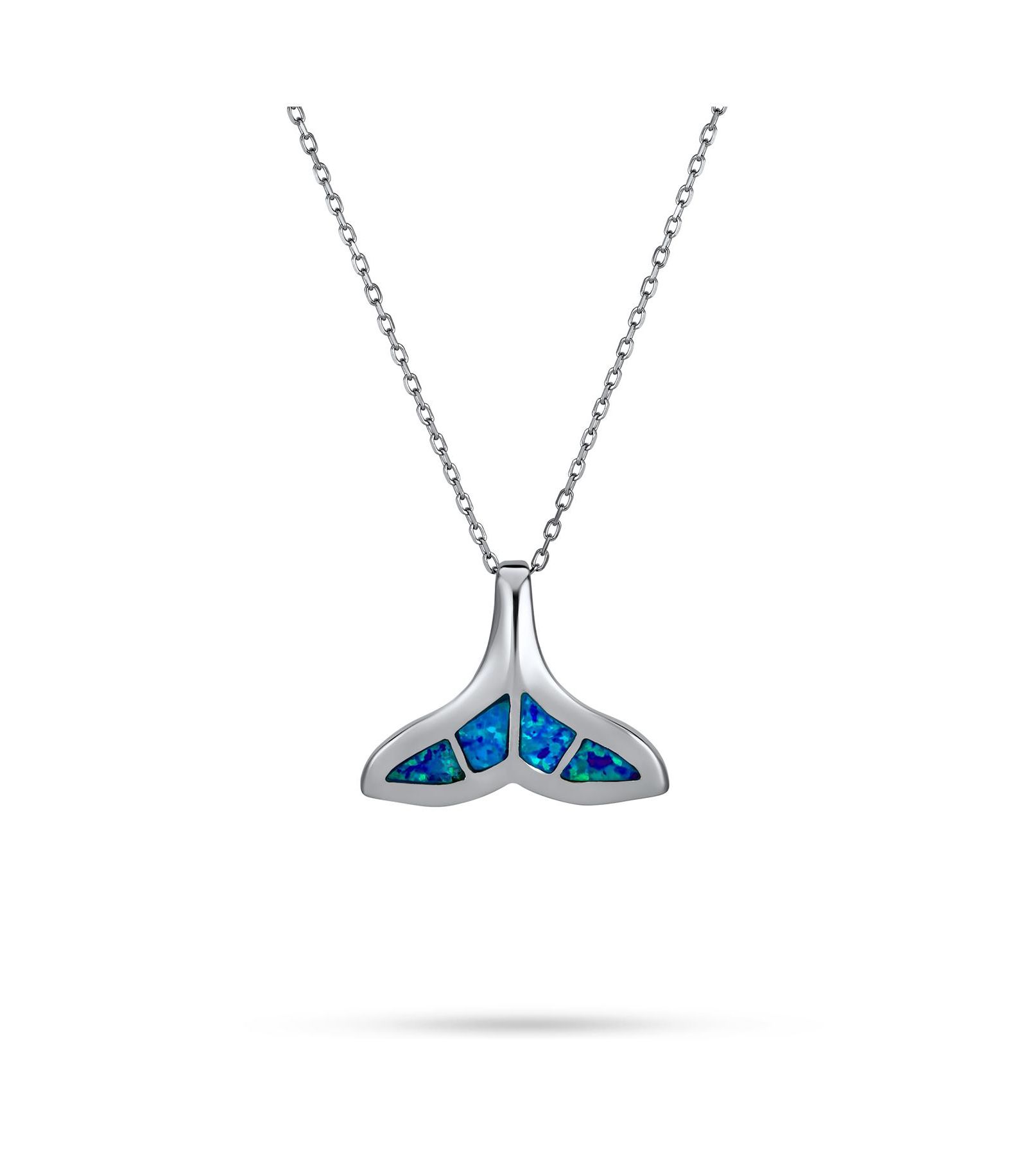 Bling Jewelry Nautical Blue Created Opal Whale Tail Pendant Necklace .925 Sterling Silver