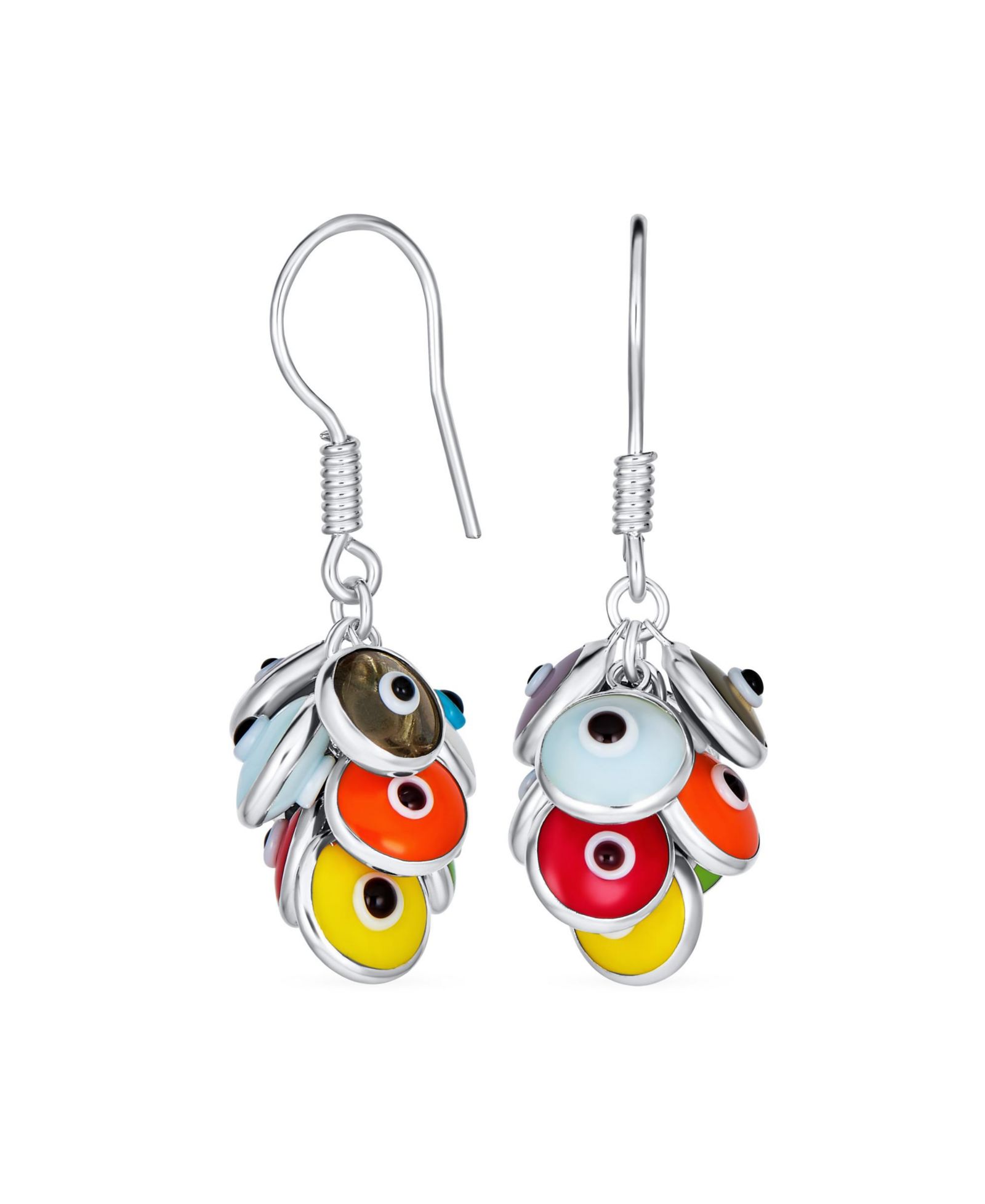 Bling Jewelry Spiritual Multi Evil Eyes Aqua Dangle Earrings Sterling Silver Fish Hook