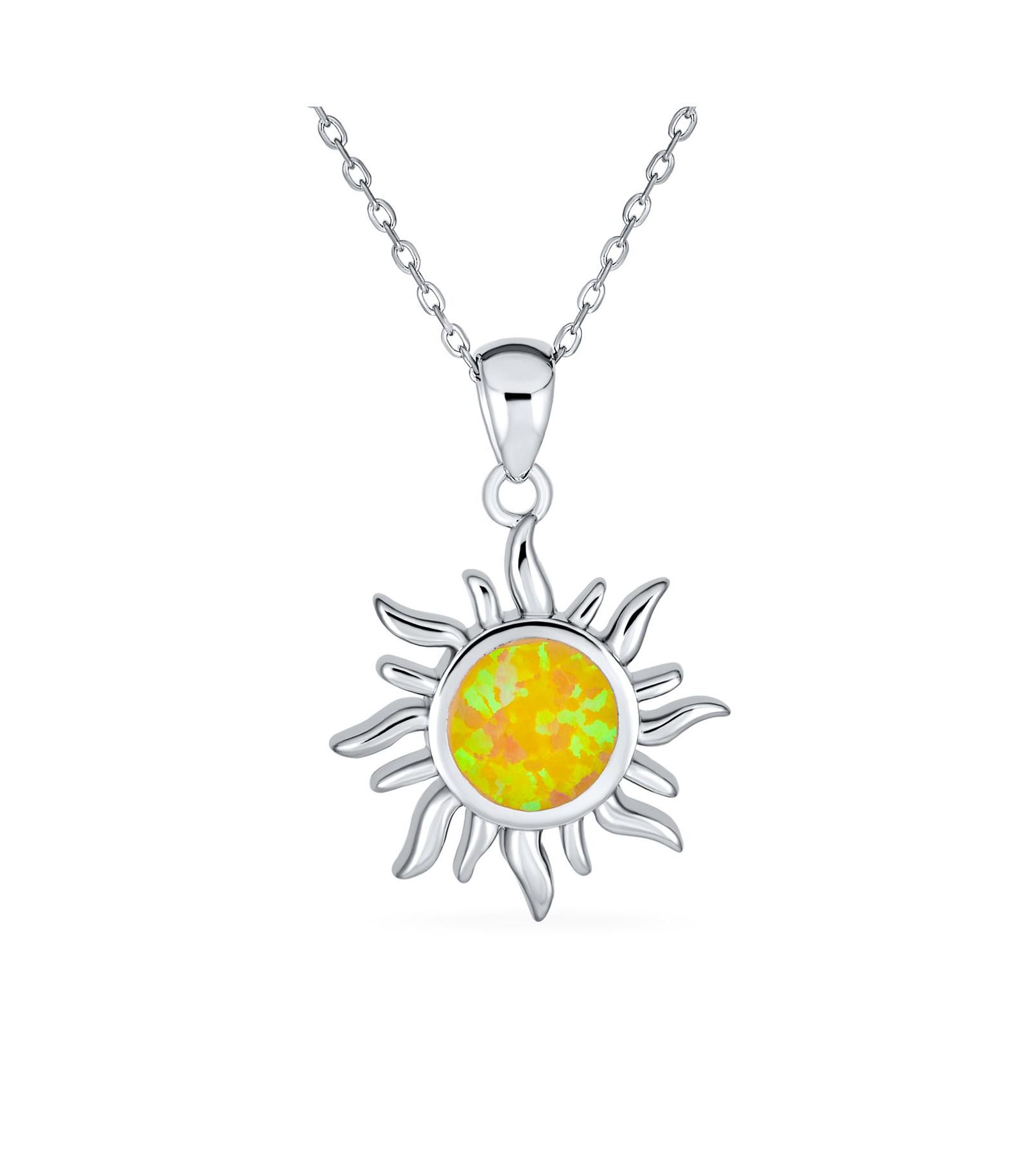 Bling Jewelry Created Yellow Opal Sunburst Sun Pendant Necklaced .925 Sterling Silver
