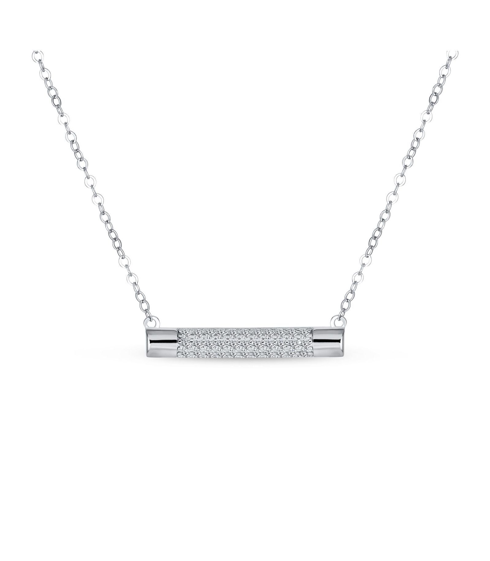 Bling Jewelry Horizontal Pave CZ Round Bar Sideways Pendant Necklace .925 Sterling Silver