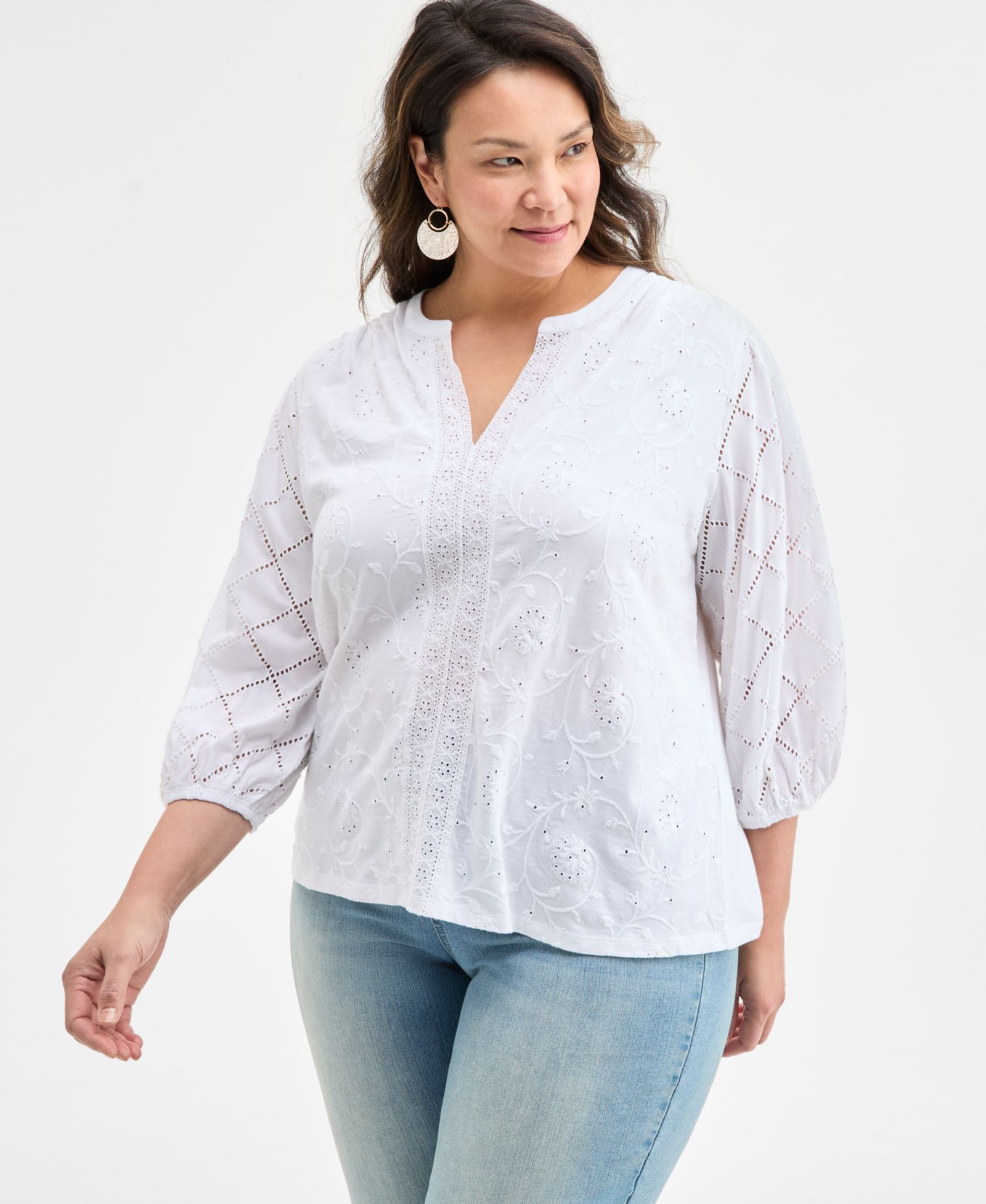 Style & Co Plus Size Split-Neck Eyelet-Embroidered Top, Exclusively at Macy's