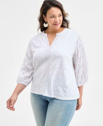 Style & Co Plus Size Split-Neck Eyelet-Embroidered Top, Exclusively at Macy's