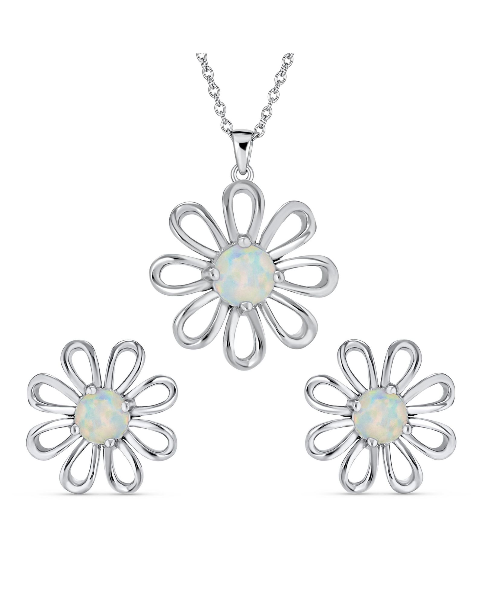 Bling Jewelry Daisy Flower Created Opal Pendant Necklace and Earrings Set Sterling Silver