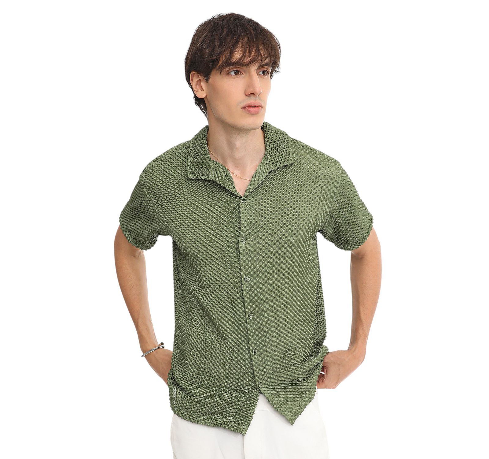 Men's Olive Green Puffy-Textured Shirt