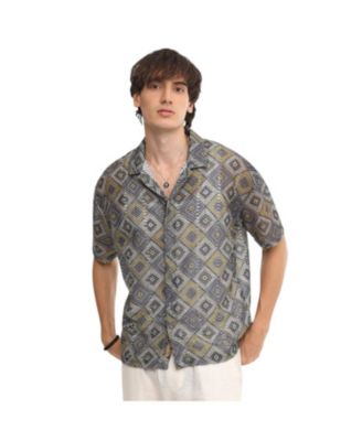 Campus Sutra Men's Lapis Blue & Yellow Ochre Geometric Block Oversized Shirt