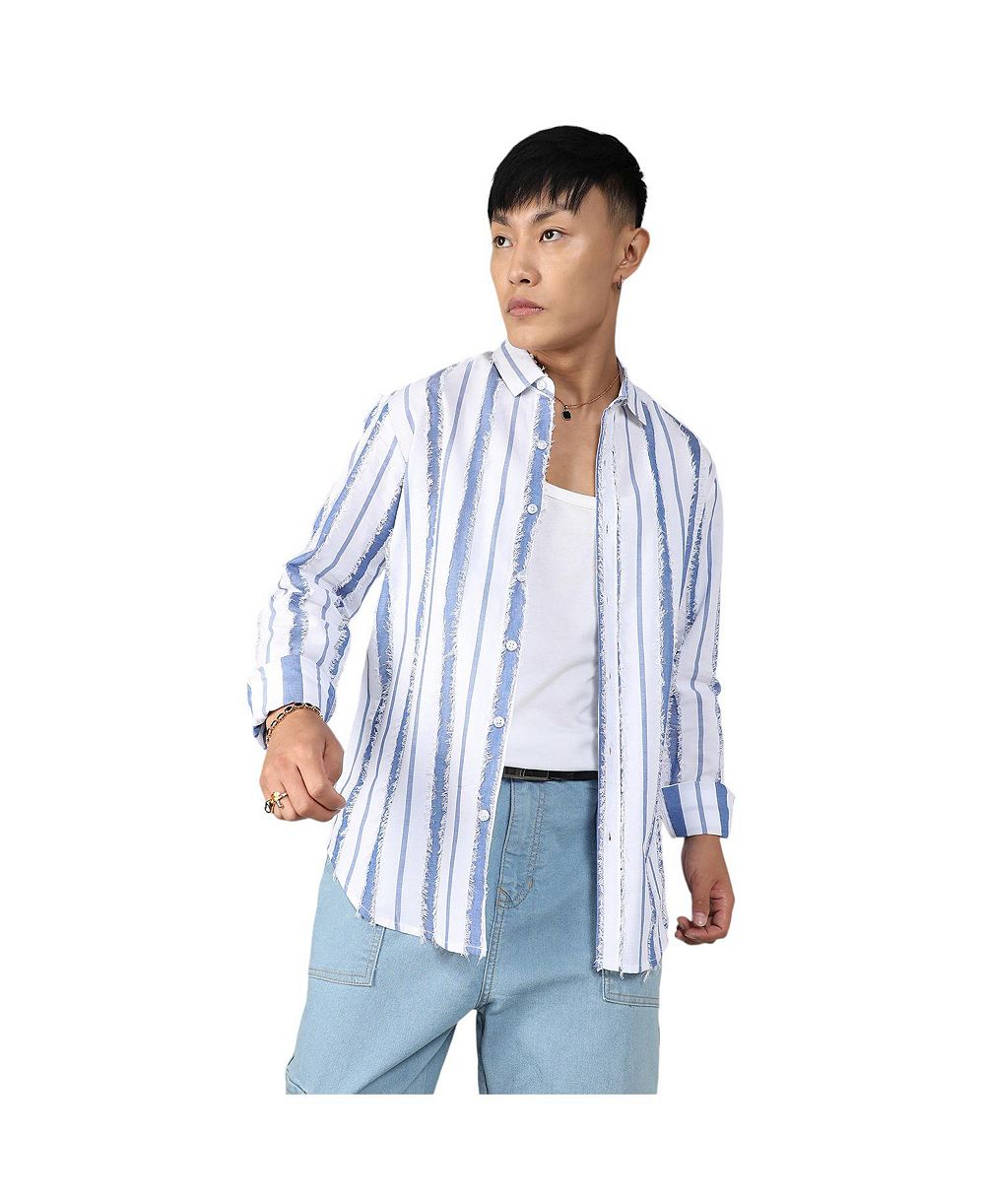 Cahoot Men's Campus Sutra Sky Blue & Chalk White Striped Fringe Shirt