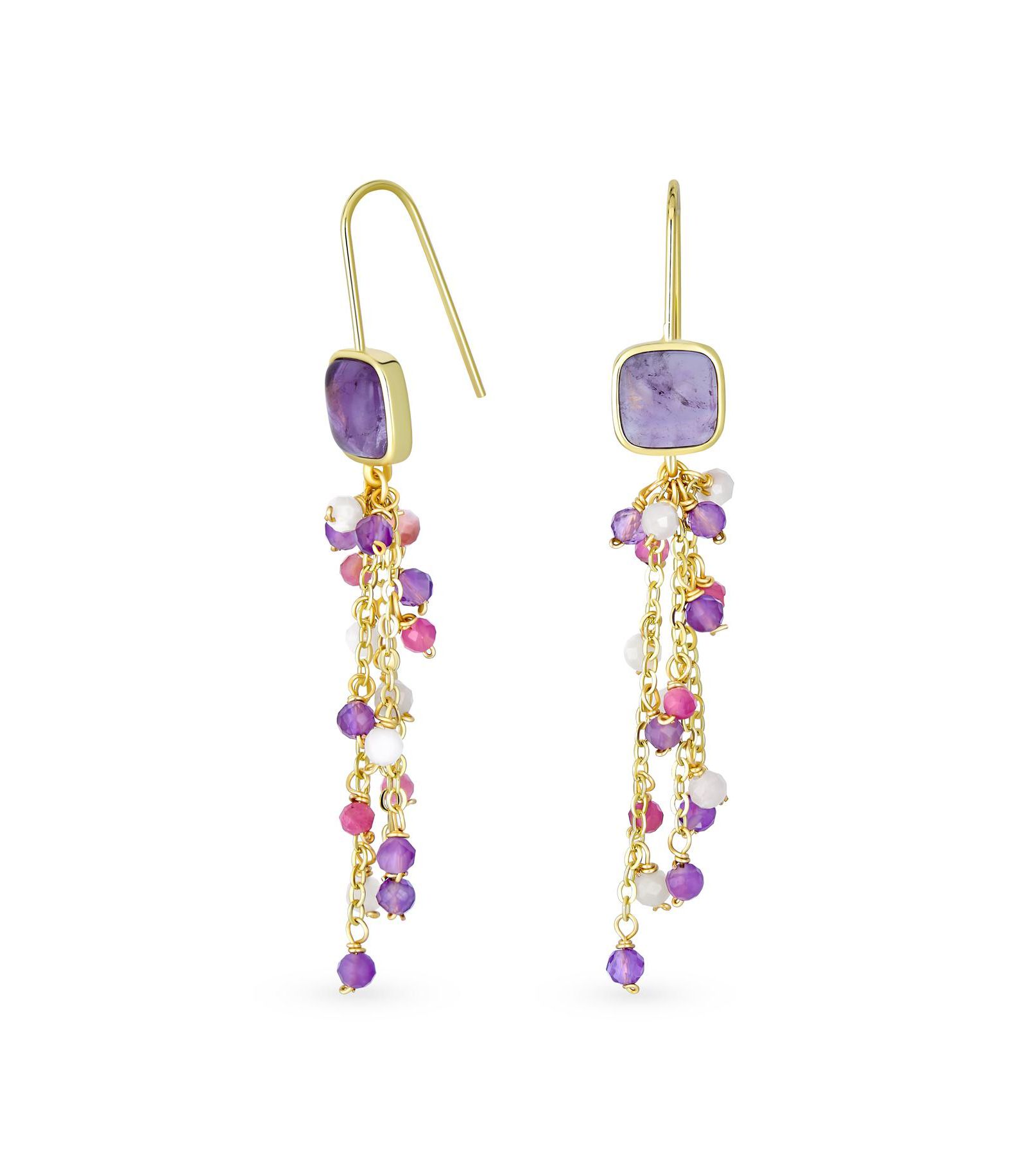 Bling Jewelry Long Purple Amethyst Waterfall Tassel Dangle Earrings Gold Plated
