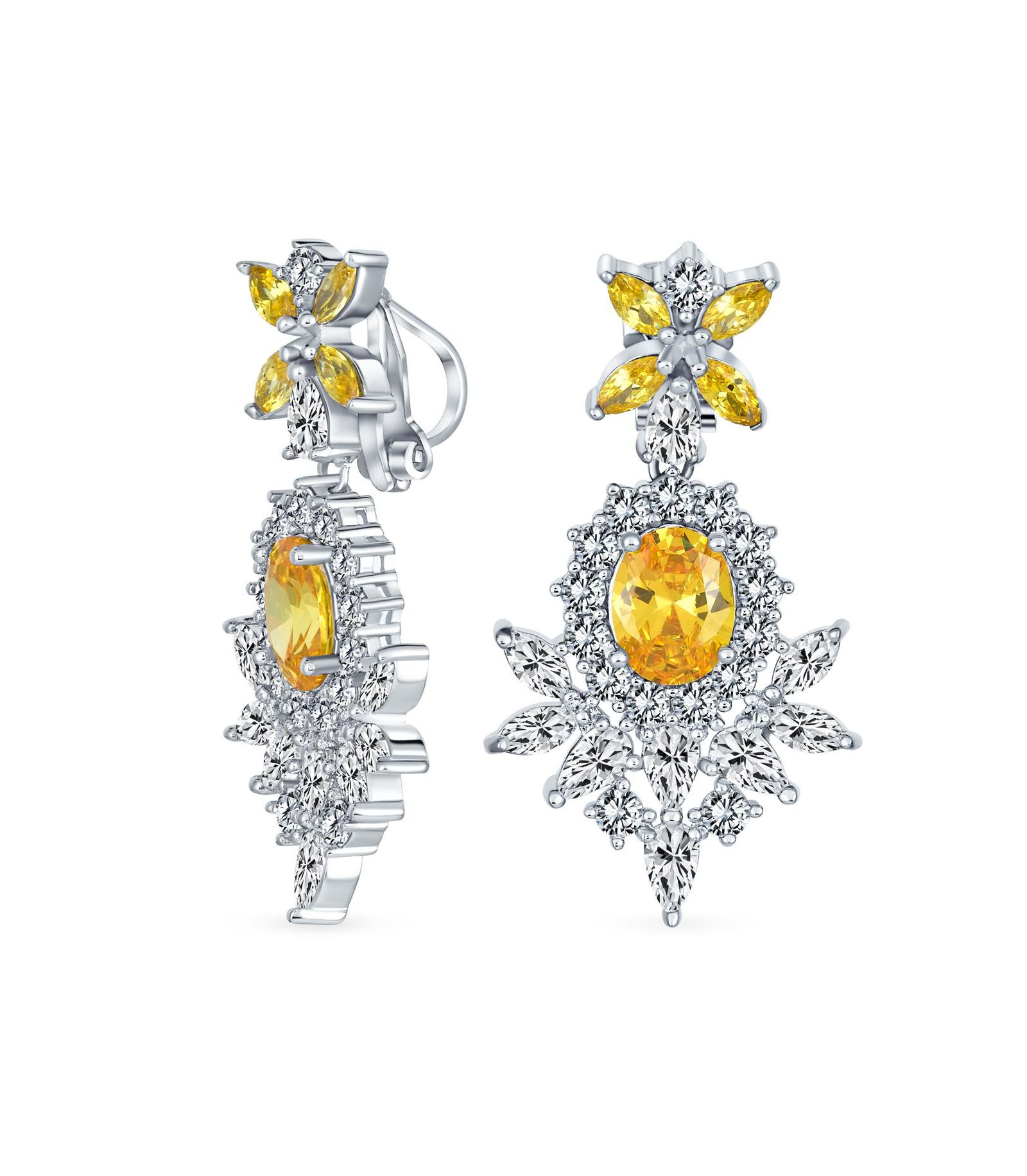 Серьги-клипсы Bling Jewelry с желтыми камнями CZ и мотивом листа