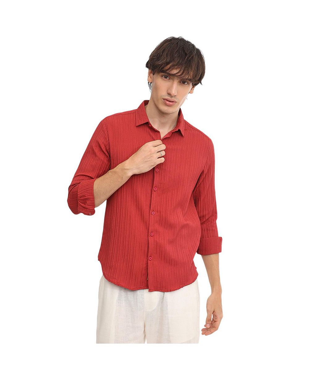 Cahoot Men's Campus Sutra Cadmium Red Self-Design Striped Shirt