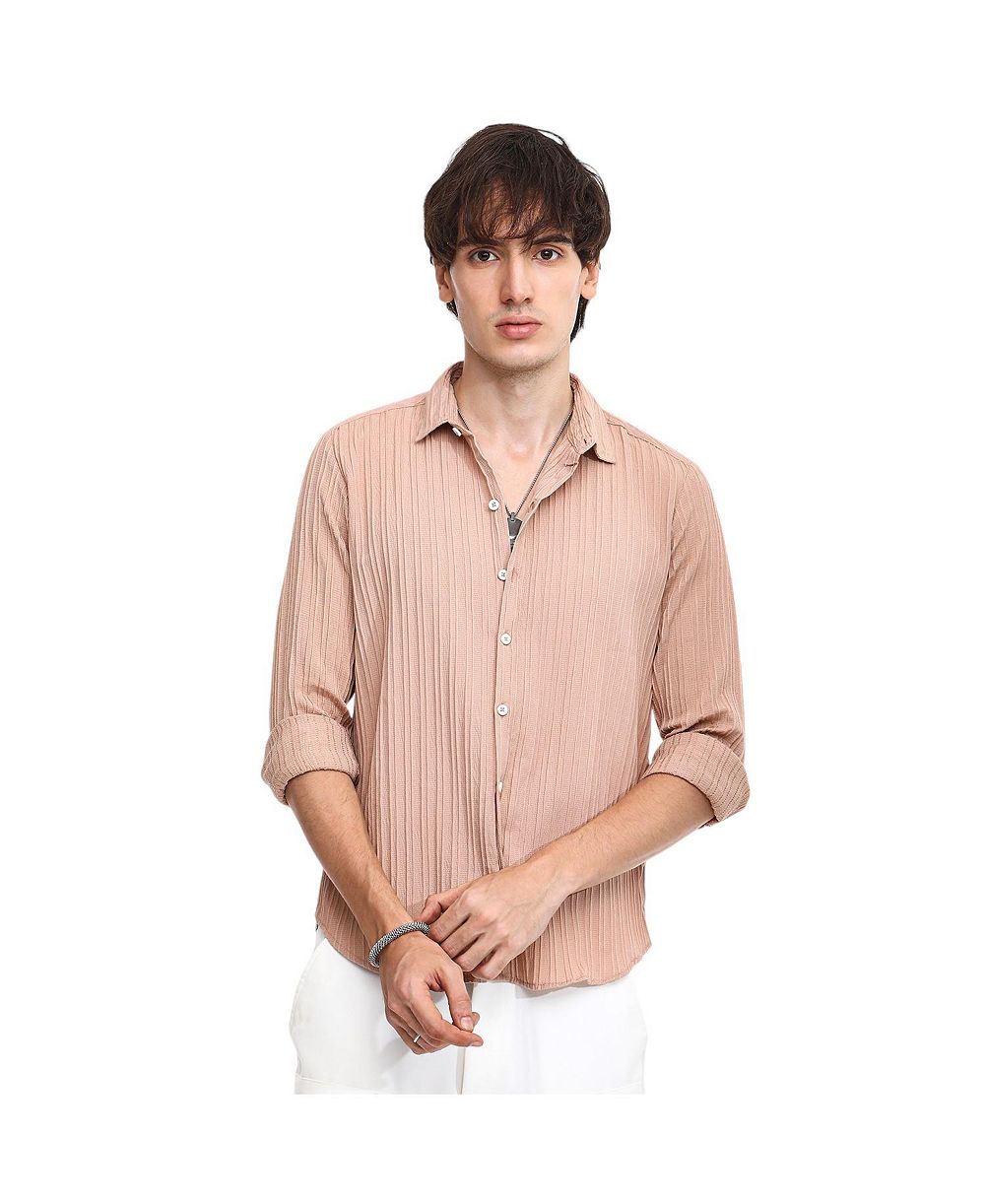 Cahoot Men's Campus Sutra Light Beige Self-Design Striped Shirt