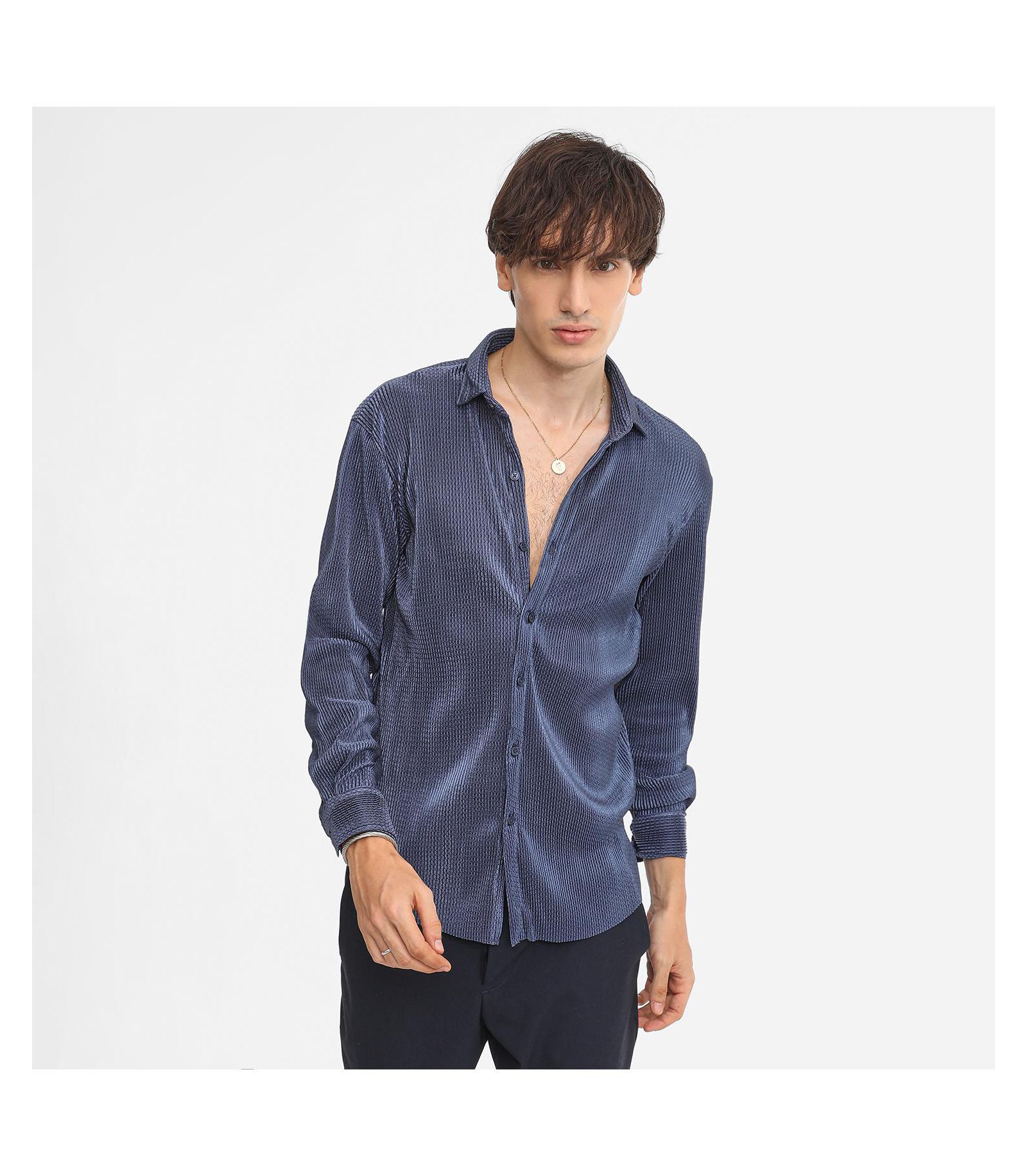 Men's Navy Blue Textured-Pleat Shirt