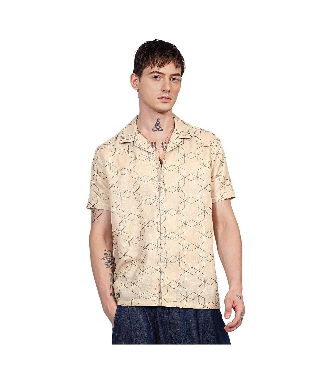 Cahoot Men's Campus Sutra Beige Embroidered Geometric-Lined Shirt