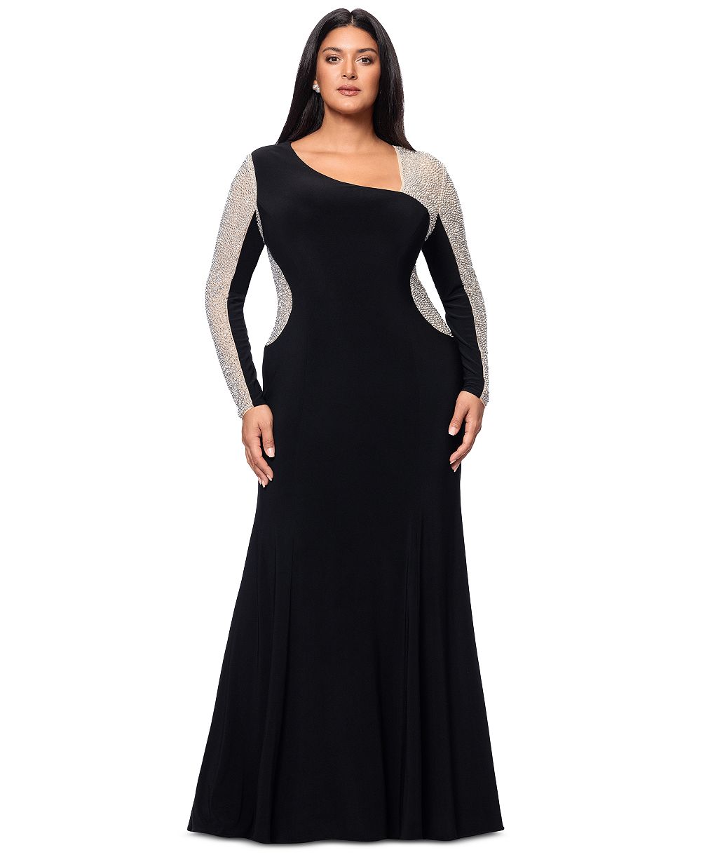 XSCAPE Plus Size Асимметричное вечернее платье с рукавами из сетки и стразами