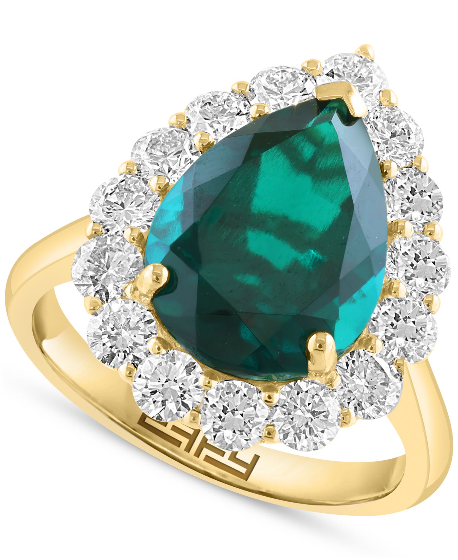 EFFY® Pear-Shape Lab Grown Emerald (4-1/5 ct. t.w.) & Lab Grown Diamond (1-1/3 ct. t.w.) Halo Ring in 14k Yellow Gold (Also in lab-grown Sapphire)