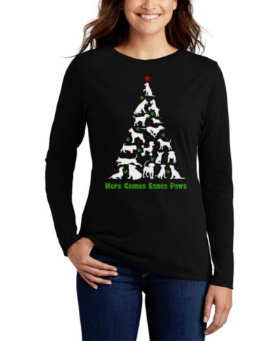LA Pop Art Women's Here Comes Santa Paws Art Long Sleeve T-Shirt