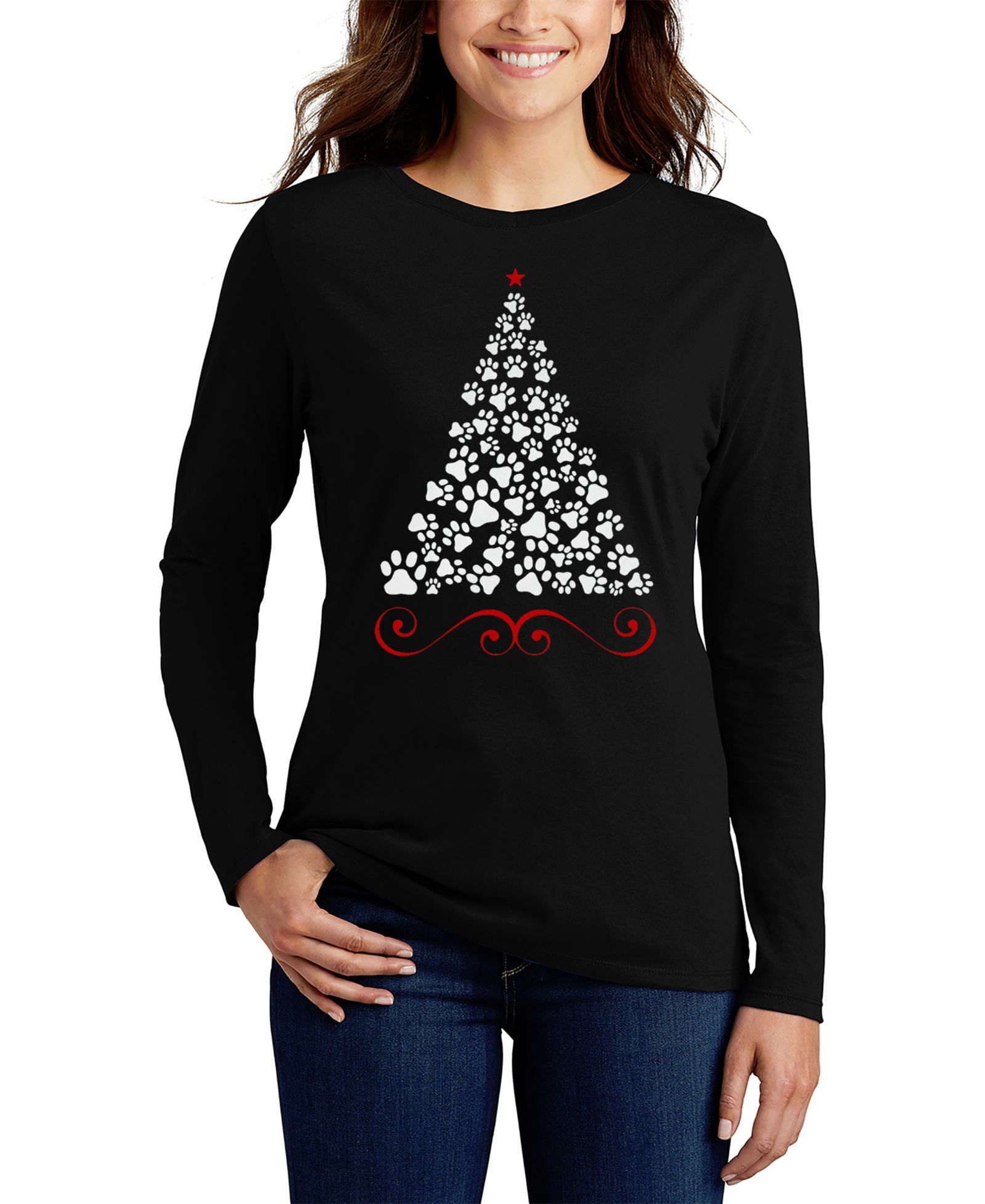LA Pop Art Women's Paw Christmas Tree Art Long Sleeve T-Shirt