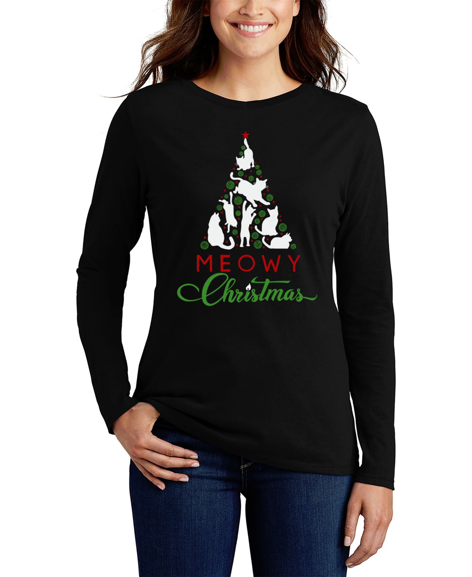 LA Pop Art Women's Meowy Christmas Tree Word Art Long Sleeve T-Shirt
