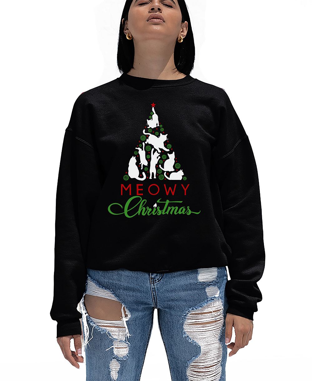 LA Pop Art Women's Meowy Christmas Tree Word Art Crewneck Sweatshirt