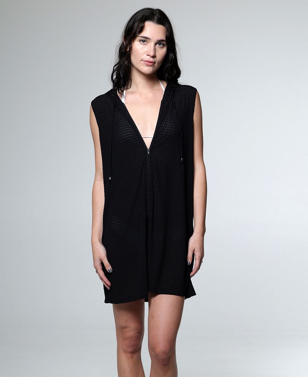J Valdi Women's Marina Checkered Hooded Zip-Front Sleeveless Swim Cover-Up