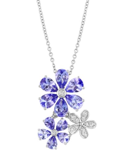 EFFY® Tanzanite (3 ct. t.w.) & Diamond (1/10 ct. t.w.) Flower 18" Pendant Necklace in 14k White Gold