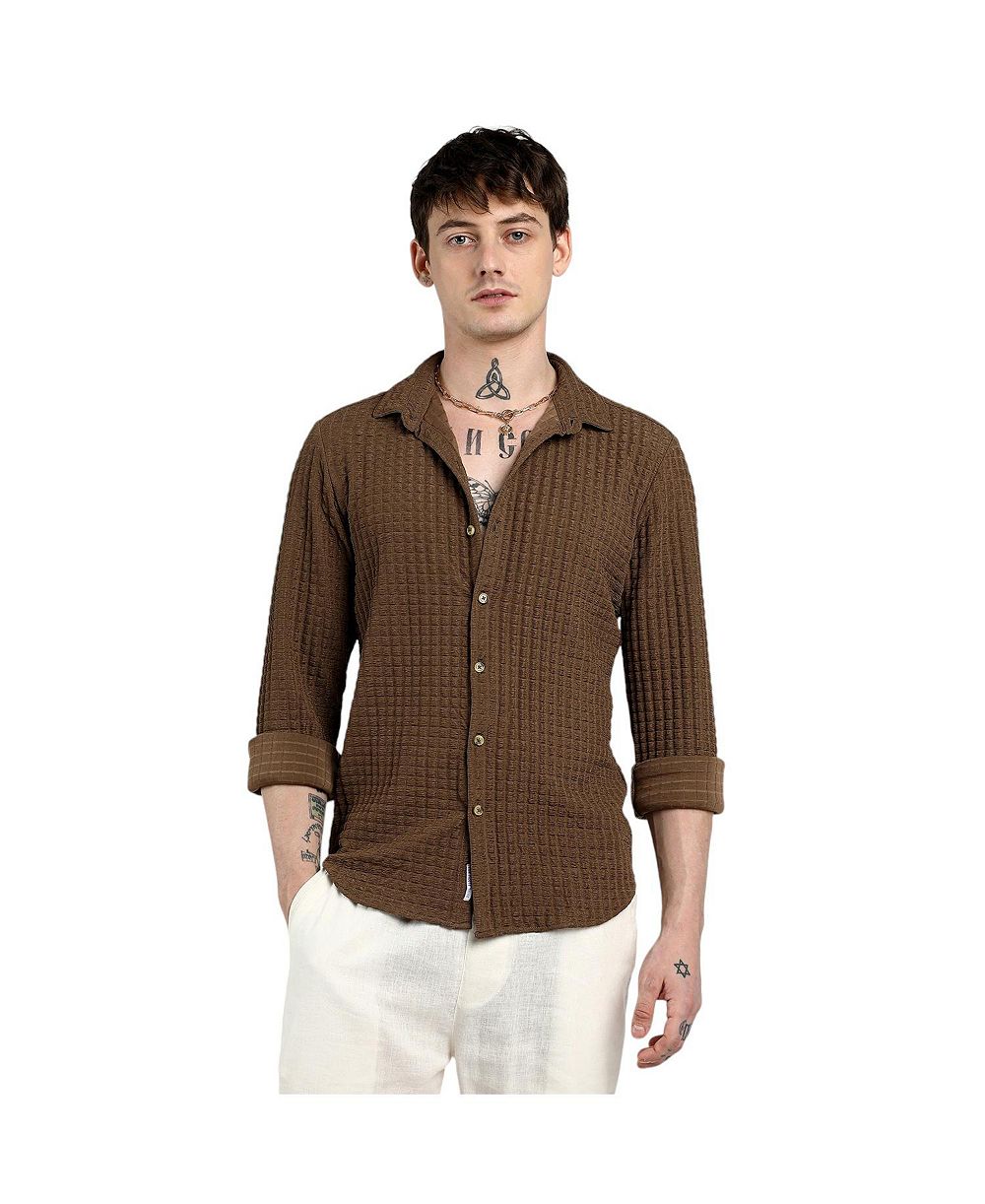Cahoot Men's Campus Sutra Chocolate Brown Cube-Textured Shirt