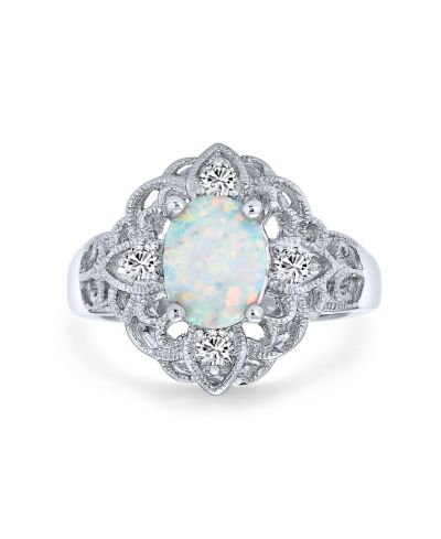 Bling Jewelry Vintage Style White Oval Created Opal Full Finger Ring .925 Sterling Silver