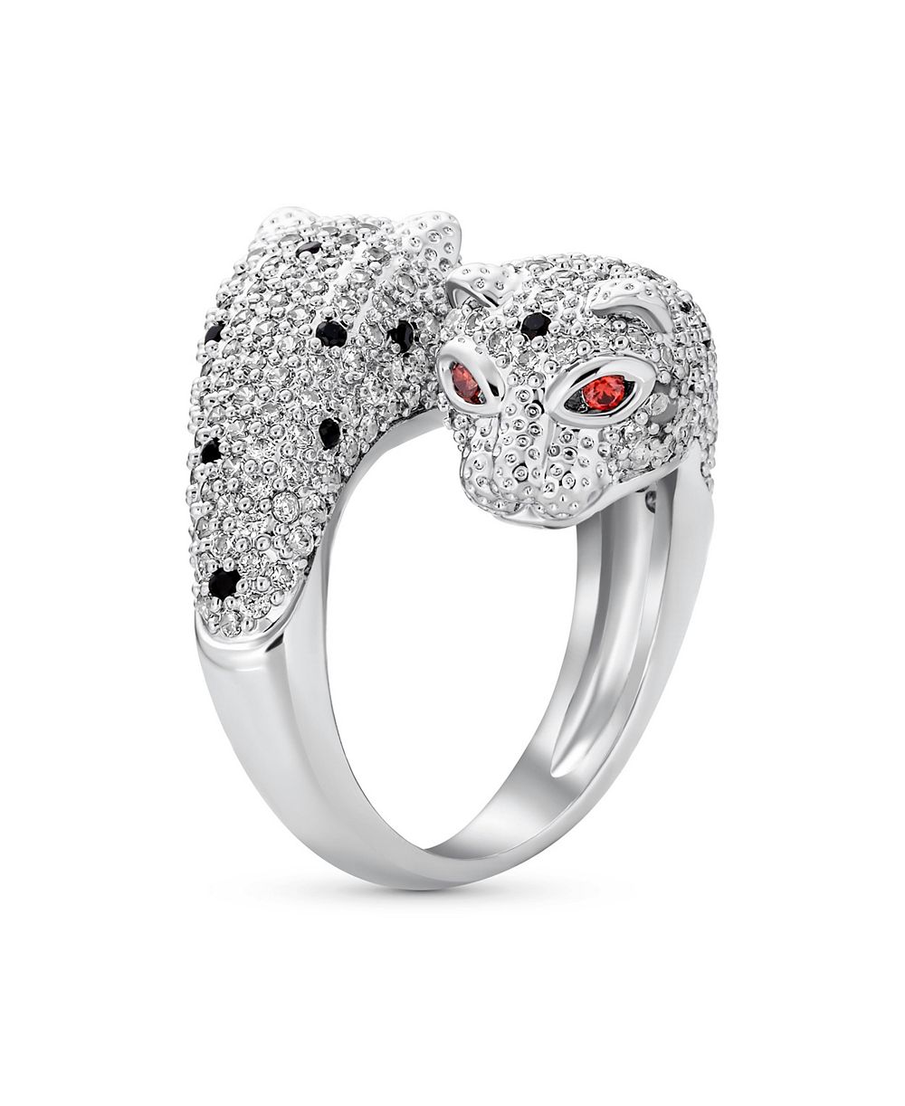 Bling Jewelry кольцо с леопардом и пантерой, красные, черные и белые камни CZ, латунь с родиевым покрытием
