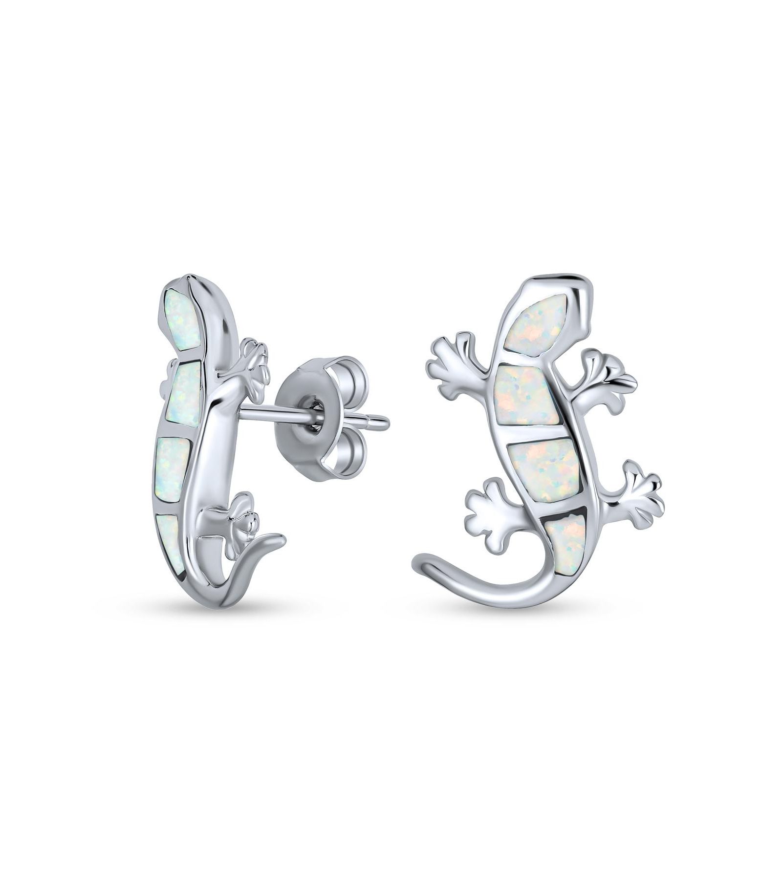 Bling Jewelry Garden Created White Opal Inlay Lizard Stud Earrings Sterling Silver