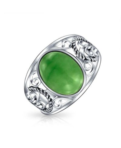 Bling Jewelry Bali Style Green Jade Cabochon Statement Ring Scroll Band Sterling Silver
