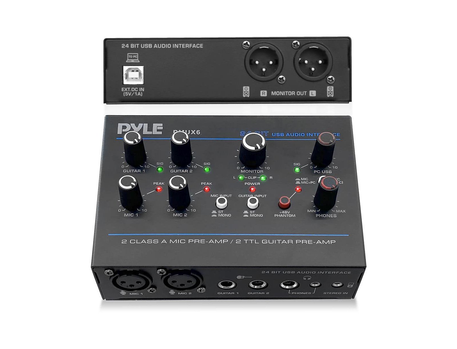 Pyle Professional USB аудиоинтерфейс с входами MIC/LINE, Guitar, AUX и RCA