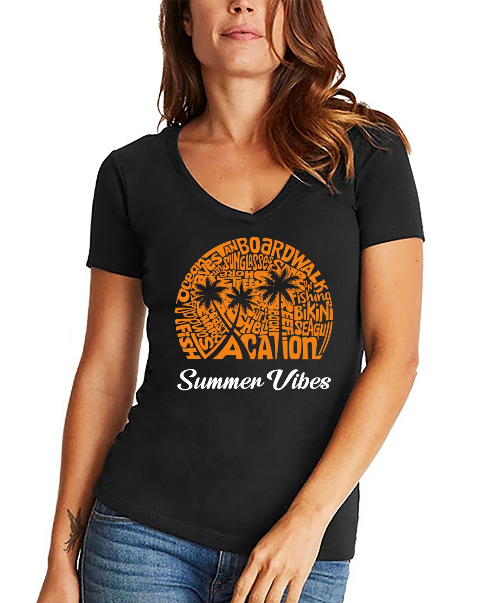 Женская футболка V-Neck с надписью Summer Vibes от LA Pop Art