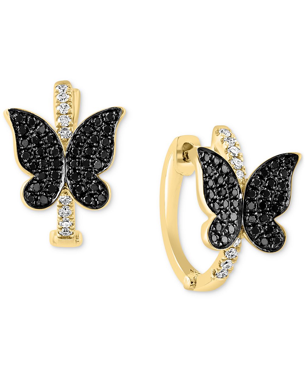 Black & White Diamond Butterfly Small Hoop Earrings (1/3 ct. t.w.) in 14k Gold