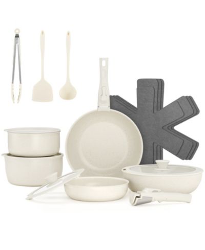 SUGIFT 18-Piece Non-Stick Cookware Set with Silicone Tools, Detachable Handles, Space-Saving Design for All Stovetops