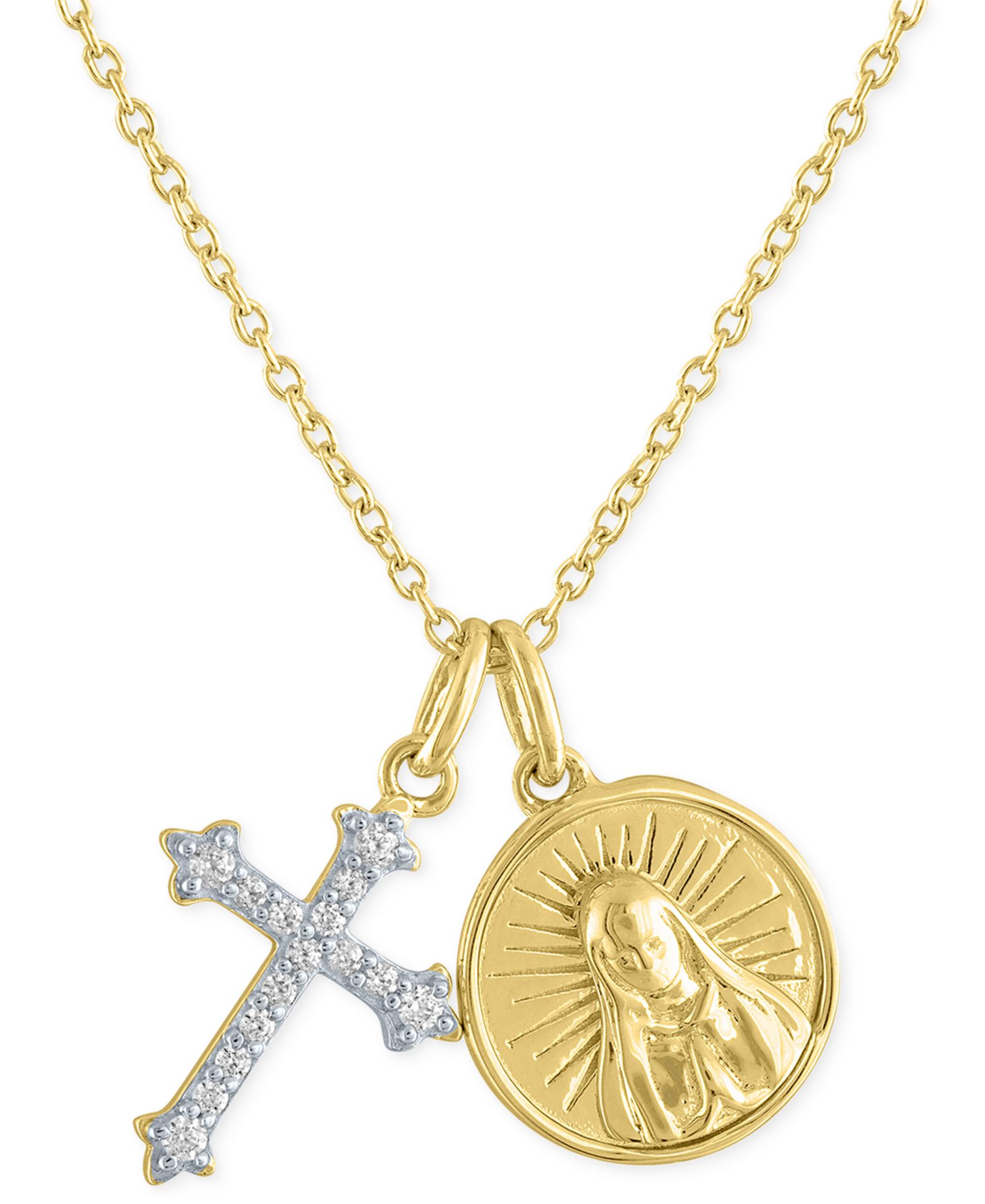 Diamond Cross & Saint Medallion 18" Pendant Necklace (1/10 ct. t.w.) in 14k Gold-Plated Sterling Silver