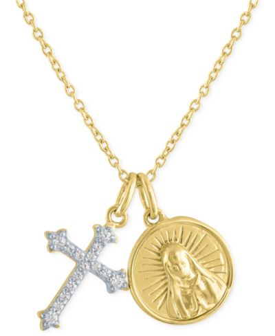 Ожерелье-подвеска с крестом и медальоном Святого, 18", 14k Gold-Plated Sterling Silver